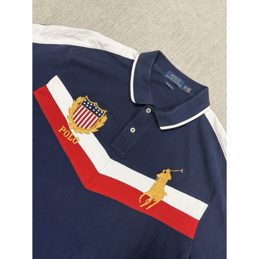 Ralph Lauren Polo Shirt Men's XXL Navy Blue White Red Gold Crest Shield Big Pony
